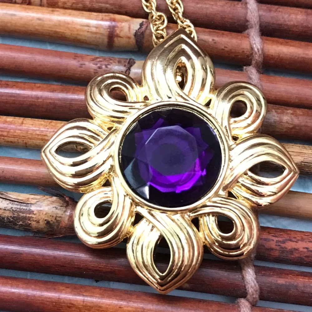 Kennth Jay Lane Gold Tone Chain with Brooch/Pin Pendant Purple Stone 30” - Picture 6 of 12